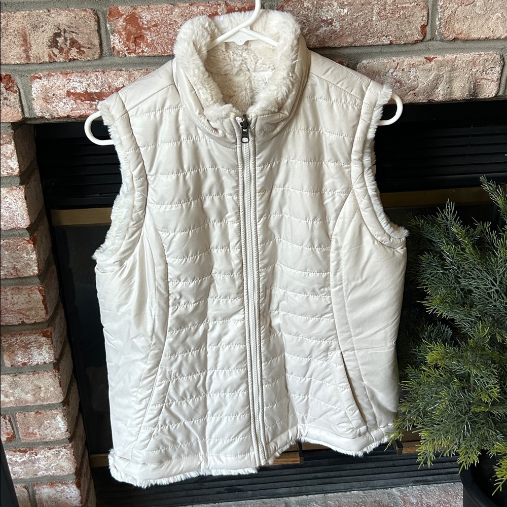 Nichole Miller Reversible Ivory Quilted Zip Up Vest/ Faux Fur Women’s‎ Size M